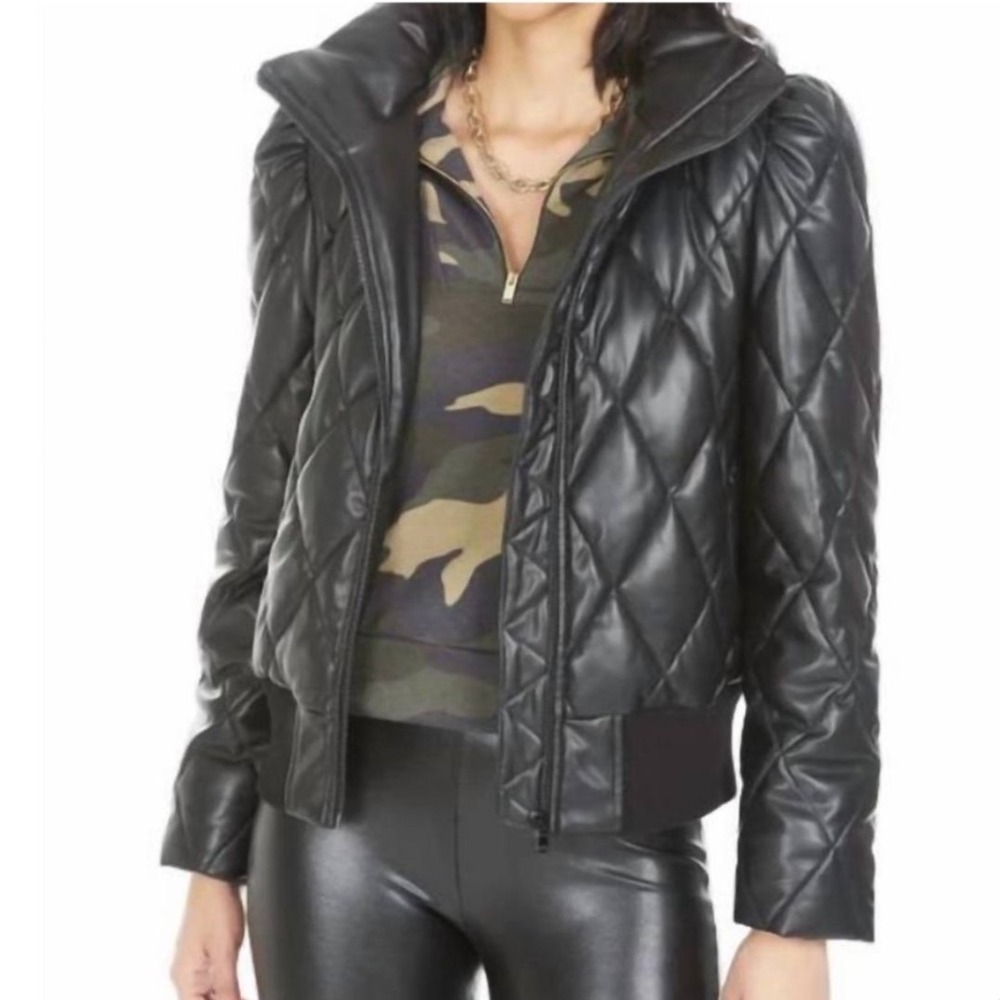Generation Love M Beau Quilted‎ Vegan Leather Puffer Coat Black Hooded Bomber